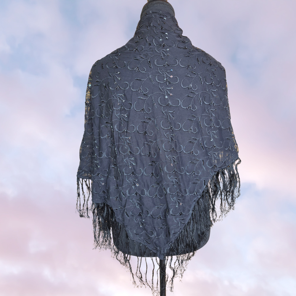 Vtg Y2k Black Beaded Wrap Sheer Mesh Fringe Gothic Whimsy Vampy Cover Up Shawl